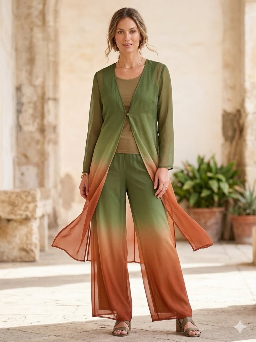Allure Olive and Terracotta Ombre Sheer Jacket & Wide-Leg Pants Bohemian 3 pc